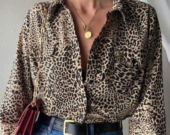Vintage Leopard Print Übergroße Kragen Button Up