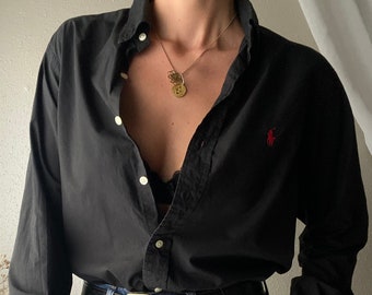 vintage Chemise boutonnée en coton Ralph Lauren noire avec logo poney brodé rouge polo