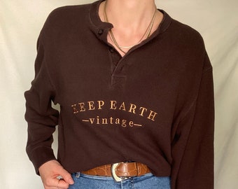 Upcycled Vintage Dark Brown Cotton Long Sleeve Oversized Waffle Henley with Golden Brown Keep Earth Vintage Embroidered Logo