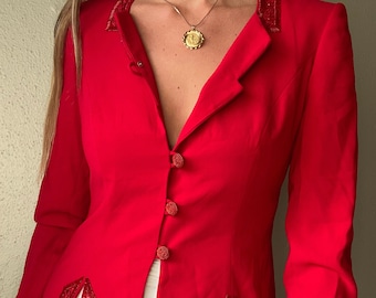 Vintage Structured Red Blazer Beaded Details and Buttons Square Neckline