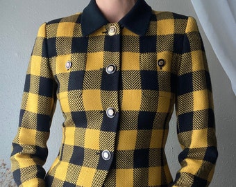 Vintage Cropped Black and Yellow Plaid Wool Ladies Jacket Collared Blazer