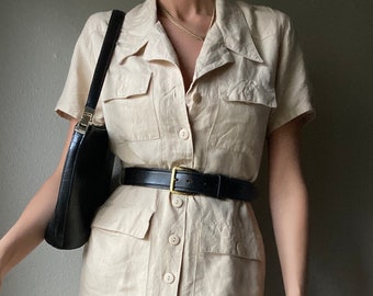 Vintage Linen Blend Beige Cargo Short Sleeve Mini Dress