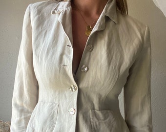 Vintage Linen Cropped Beige Jacket Blazer Abalone Shell Buttons