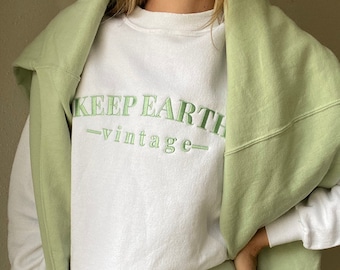 Upcycled Vintage Oversized White Long Sleeve Sweatshirt Pale Mint Green Keep Earth Vintage Logo
