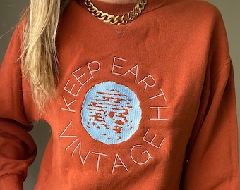 Upcycled Vintage Sweatshirt: Rust Orange Oversized Fit, Embroidered Logo