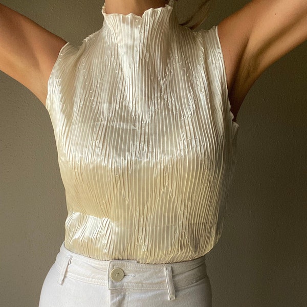 Vintage Off White Ecru Pleated Crinkle Top with Mock Turtleneck Made in Canada