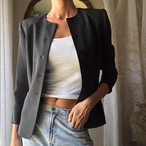 Vintage Silk Collarless Blazer Shoulder Pads Petite