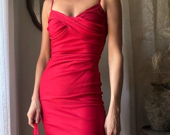 Vintage Ruched Twist Top Spaghetti Strap Body Con Fitted Cherry Red Dress NWT