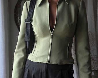 Vintage BCBG Max Azria 90s Y2K 2000s Cropped Olive Green Blazer Fitted Waist Silver Zipper Front Made in USA