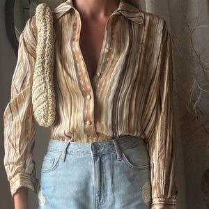 Vintage Silk Beige Brown Striped Button Up