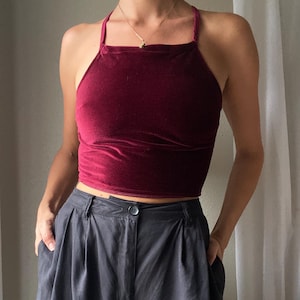 Vintage Upcycled Burgundy Maroon Velvet Square Neck Halter Tie Top Handmade