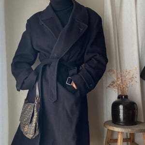 Classic Vintage Black Very Oversized Wool Double Breasted Overcoat Made in USA