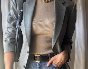 Vintage Halston oversized lichtgrijze wollen blazer met gestructureerde schouders