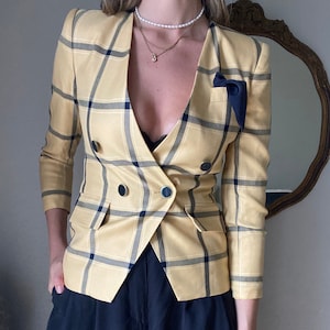 Vintage Yellow Black Plaid Blazer Padded Shoulders Petite