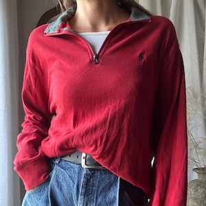 Vintage Ralph Lauren Polo Red Oversized Henley Quarter Zip Pullover Sweater