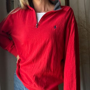 Vintage Ralph Lauren Red Henley Pullover: Embroidered Polo Pony
