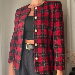 Vintage Pure Wool Red and Black Plaid Blazer Ladies Jacket Gold and Pearl Buttons