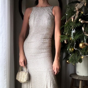 Vintage Silver Sequin Silk Gown: Sleeveless Cowl-Back Evening Dress
