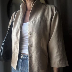 Vintage Linen Cropped Oversized Boxy Beige Lightweight Linen Blend Jacket Made in Romania