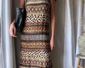 Vintage Spaghetti Strap Animal Abstract Floral Print Long Maxi Dress Made in USA