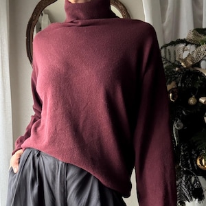 Vintage Burgundy Knit Lambswool Oversized Turtleneck Sweater Made in Italy