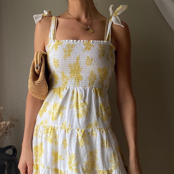 Secondhand Sleeveless Linen Cotton Tiered Summer Dress with Yellow Floral Pattern Tie Straps and Smocked Bodice Lined
