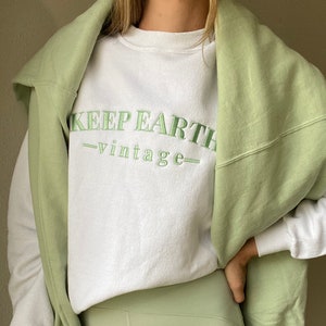 Upcycled Vintage Oversized White Long Sleeve Sweatshirt Pale Mint Green Keep Earth Vintage Logo