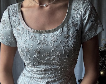 Vintage Silver Beaded Short Sleeve Crop Top
