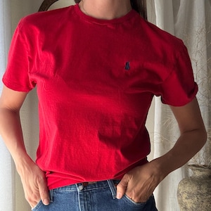 Vintage Ralph Lauren Polo Cherry Red Cotton Tee Shirt Dark Navy Blue Polo Pony Embroidery