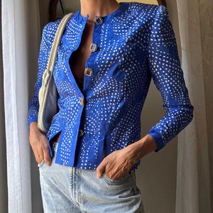 Vintage 80s Silk Blazer: Cobalt Blue & White Pattern, Gold Buttons