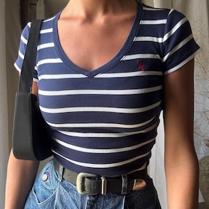 Vintage Ralph Lauren Polo V Neck Cotton Dark Navy Blue White Striped TShirt Red Polo Pony