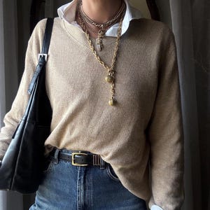 Vintage Calvin Klein Beige Soft Cotton Blend Knit Oversized V Neck Ribbed Sweater