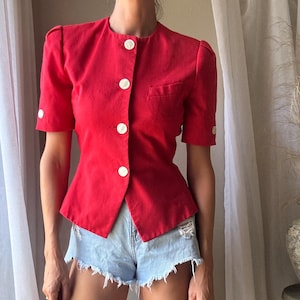 Vintage Red Cropped Short Sleeve  Double Breasted Blazer Padded Shoulders