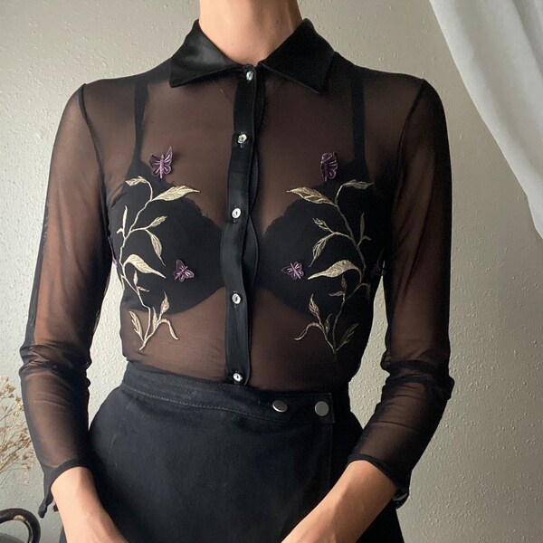 Vintage Semi Sheer Black Collared Button Up Top with Floral Butterfly Embroidery Petite