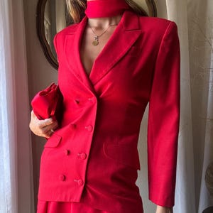 Vintage Wool Structured Fitted Waist Red Long Wool Blazer