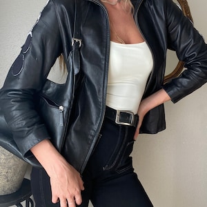 Vintage Lederjacke Schwarz Moto mit Mondphasenzyklus Patches
