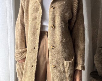 Vintage Angora Blend Cardigan, Ribbed Knit Longline Collared Oversized