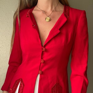 Escada Blazer, Vintage 90s Jacket, Red Blazer, Silk, Beaded Jacket, Neck  and Pockets Beaded, Embroidered Jacket, Elegant Blazer, Size M 