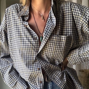 Vintage Ralph Lauren Dark Blue White Yellow Plaid Oversized Collared Cotton Button Down