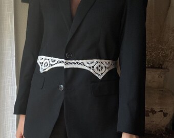 Vintage Upcycled Black Wool Blend Boyfriend Blazer with French Vintage Lace Sourced From France