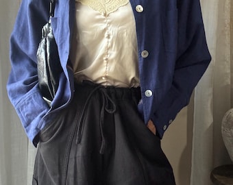 Vintage Linen Oversized Cropped Lapis Blue Shacket Lightweight
