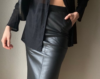 Gorgeous Vintage Long Leather Classic Black Pencil Skirt with Pockets NWT