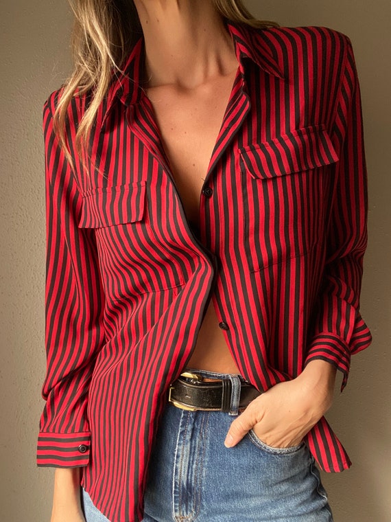 Vintage Rot und Schwarz Gestreifte Bluse