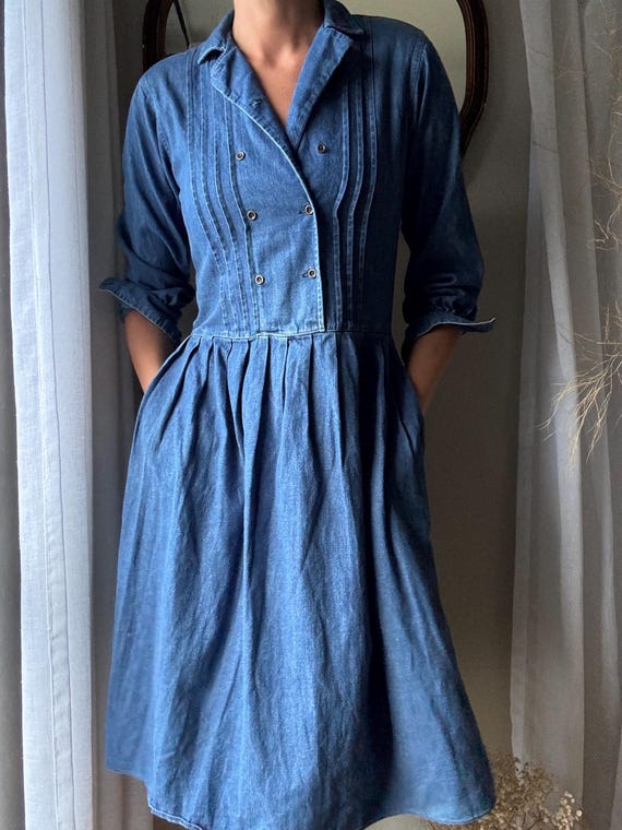 Vintage Denim Maxi Dress: Collared, Pleated, Cottagecore With Pockets - Etsy