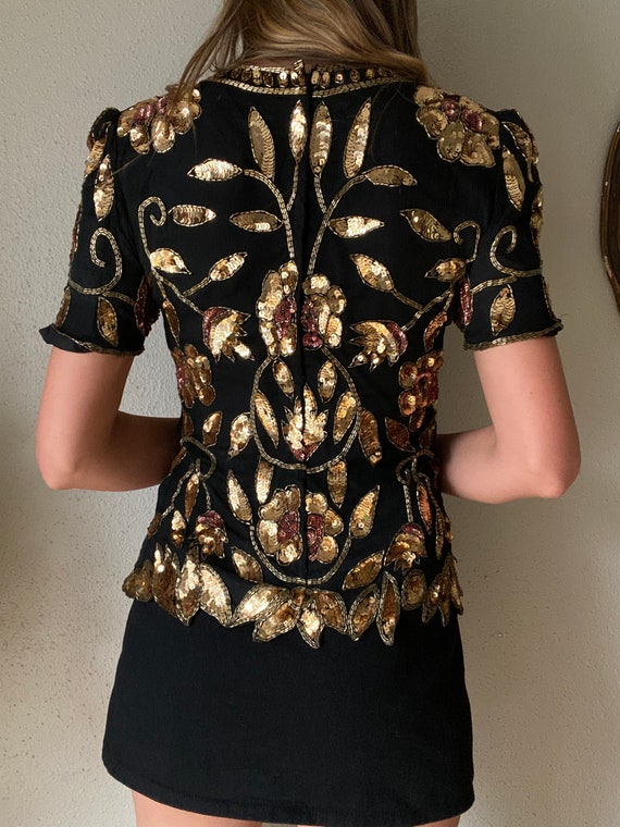 Stunning Vintage Silk Sequin Beaded Black Gold Sh… - image 3