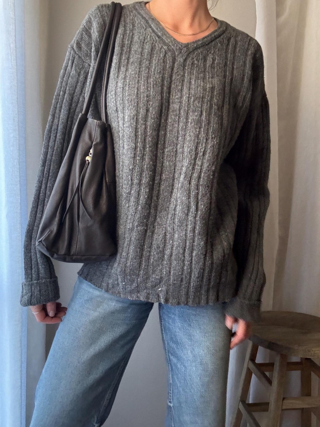 Dark Grey Knit Oversized Bow V-Neck Long Sleeve Cropped Cardigan Sweater