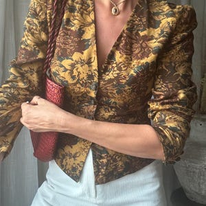 Blazer vintage marron à fleurs, style tapisserie champêtre