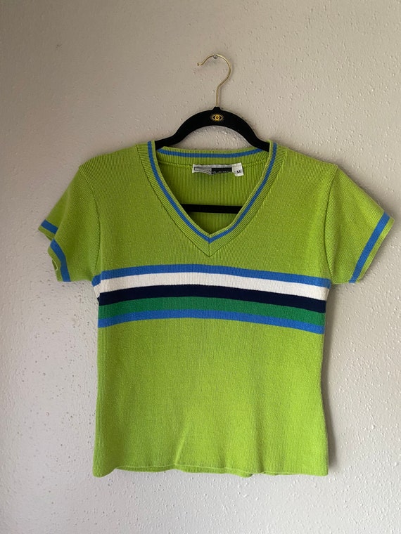 Vintage 90s Lime Green Striped V Neck Knit Tee Sh… - image 8