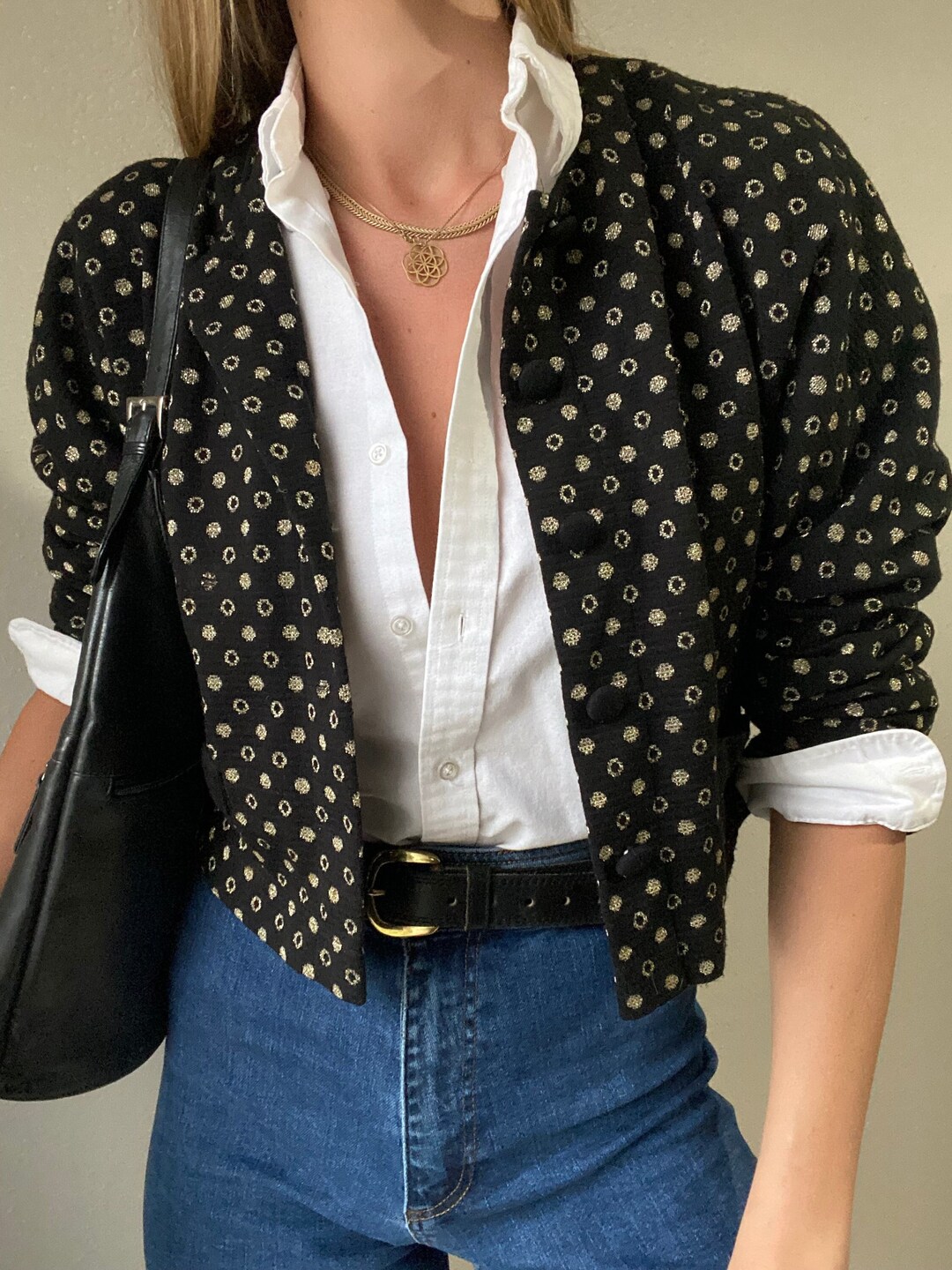Vintage Cropped Boxy Oversized Black Sparkly Gold Lightweight Jacket - Etsy