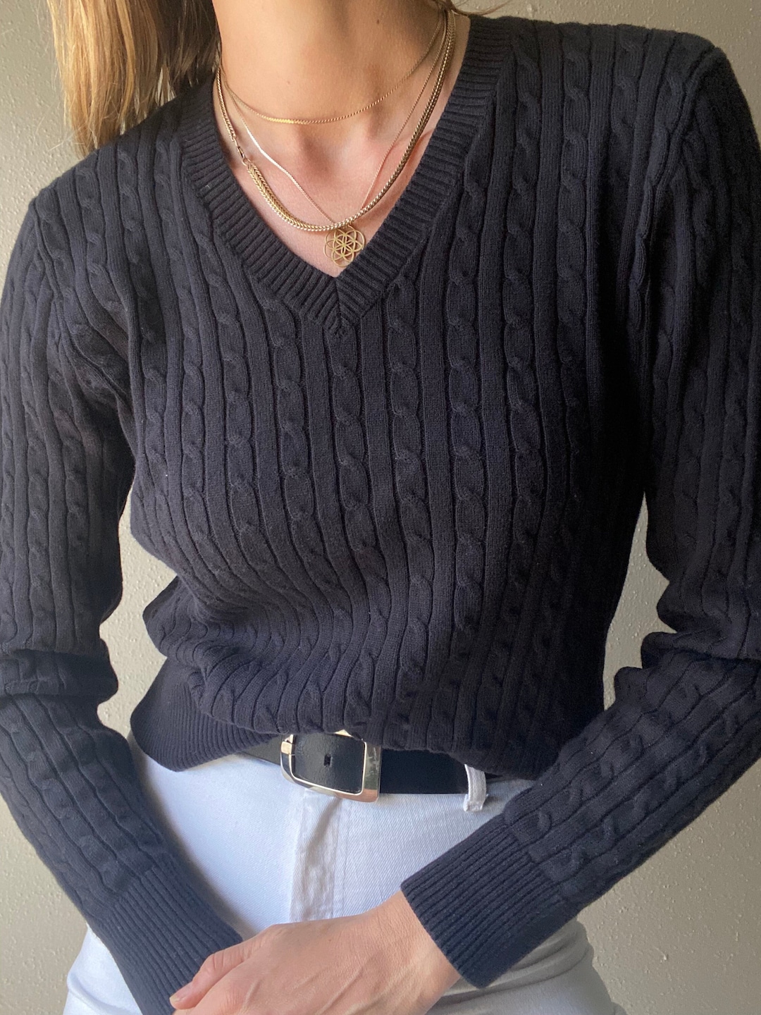Vintage Cotton Black Cable Knit V Neck Sweater Etsy